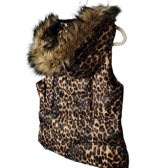 Guess Womens Y2K 2000s Leopard Faux Fur Down Feathers Hooded Puffer Vest Medium - Picture 5 of 12
